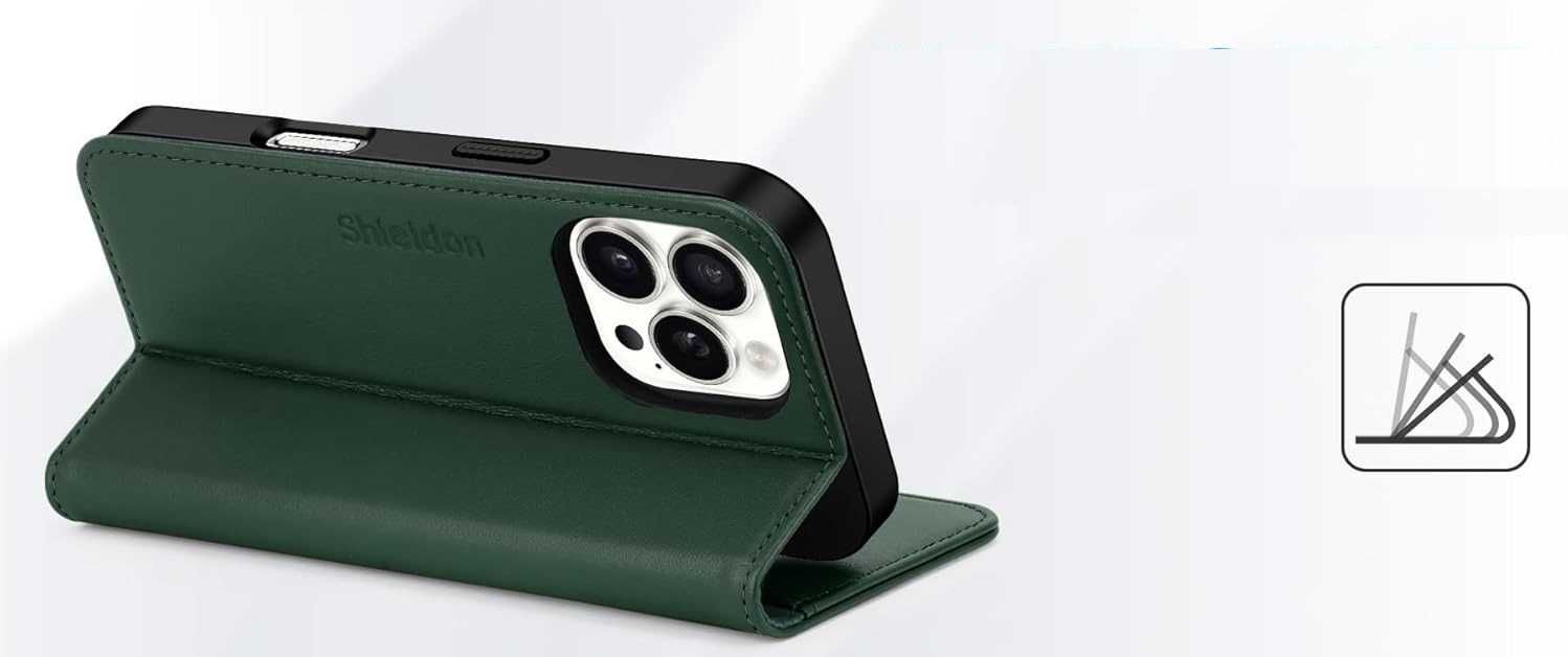 Shieldon naturalne etui skórzane do iPhone 16 Pro Max z klapką zielone