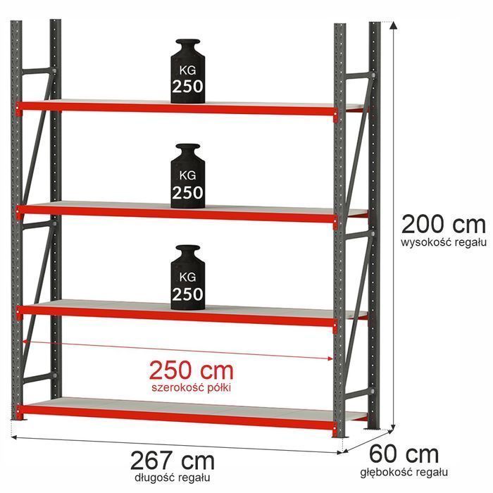 Regał magazynowy 4-półkowy Mega-M FORTIS 200x267x60 cm moduł bazowy