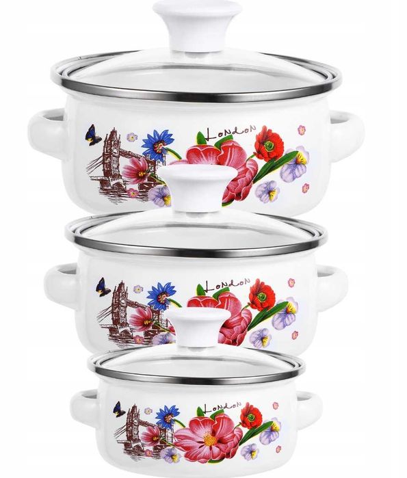 GARNKI EMALIOWANE zestaw 3 sztuki garnek emaliowany śr 12 14 16cm