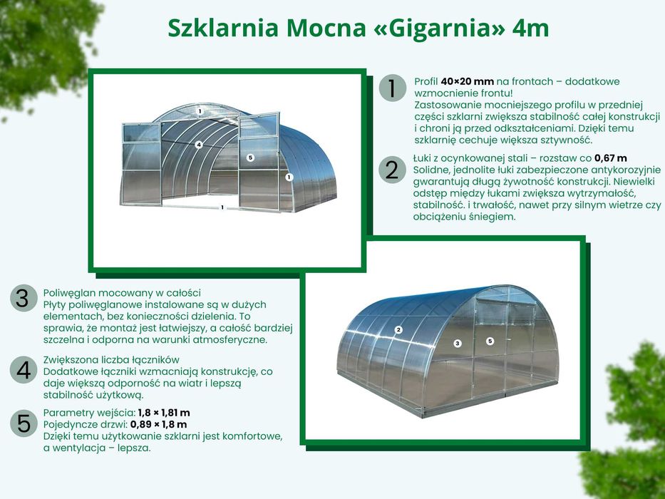 Szklarnia z poliwęglnu 4m Maxi (4x4m, 4x6m, 4x8m, 4x10m,4x12m)