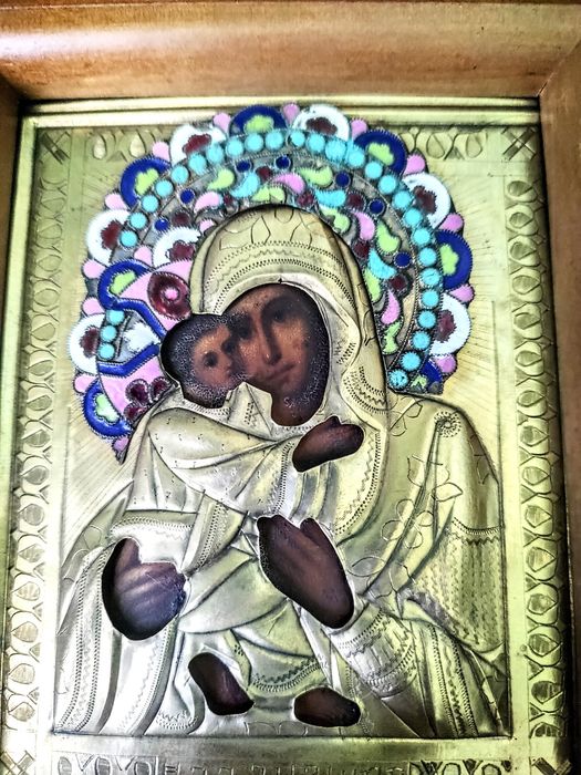 Икона,Владимирская БМ,латунь,эмаль,нач.20 века
