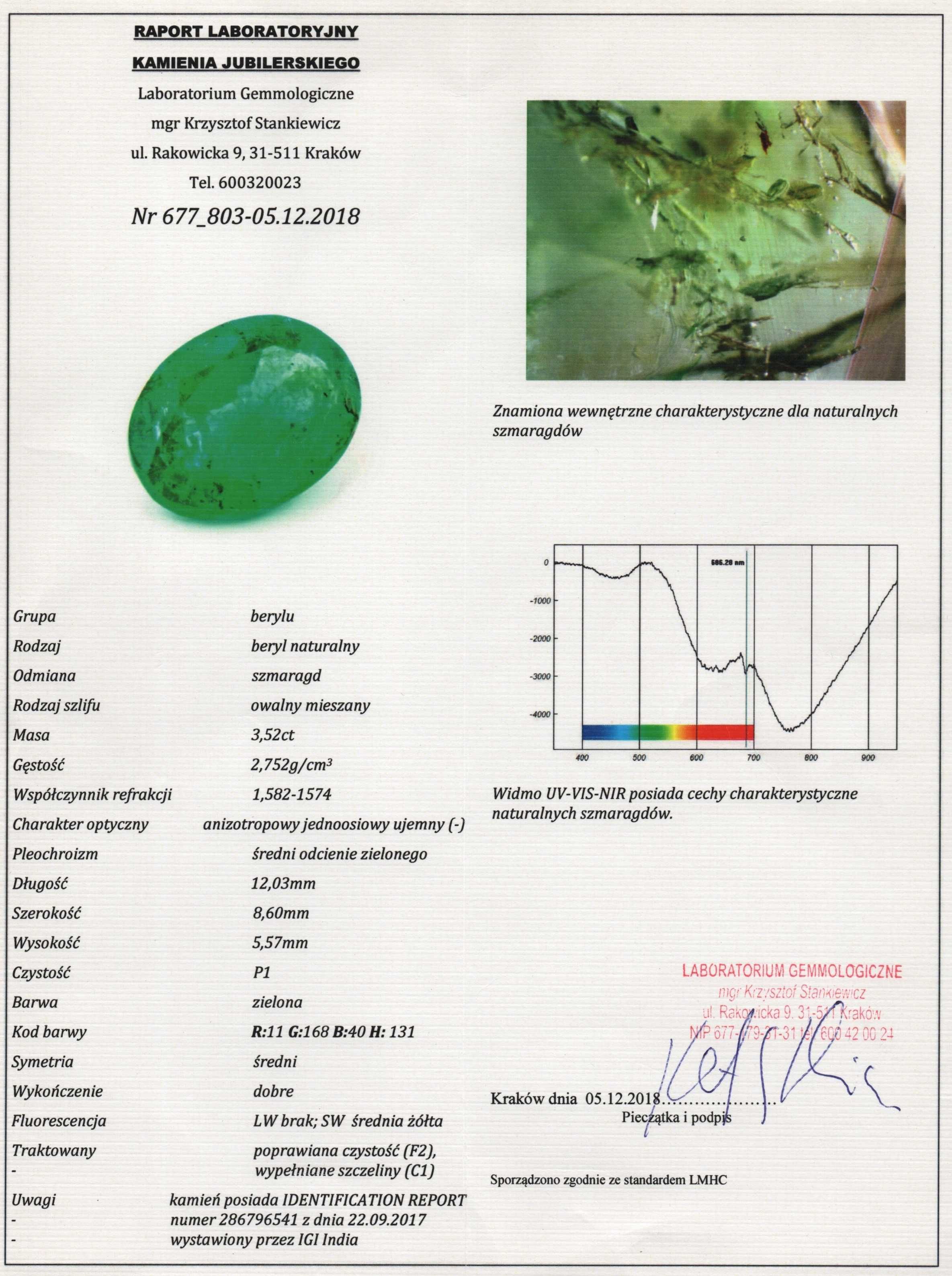 Duży Piękny Naturalny Szmaragd - 3,52ct - CERTYFIKAT IGI - KRAKÓW