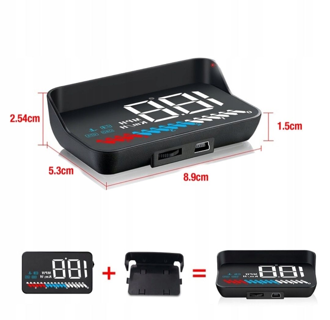Projektor HUD LED LCD OBD2 M7 z Zegarami i Folią