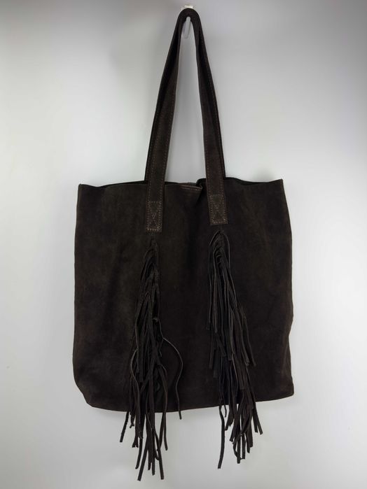 WŁOSKA Zamszowa Torebka shopper worek skórzana 100% + kosmetyczka