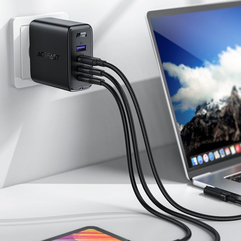 szybka ładowarka sieciowa gan 3x usb-c 1x usb-a + kabel kątowy  qmx