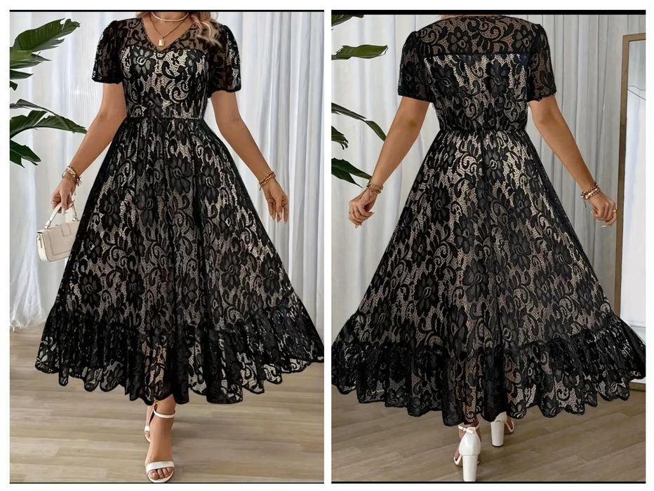 Czarna koronkowa sukienka midii na beżowej podszewce 46