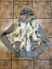 Prześliczna kurtka przejściowa sweterkowa z kapturem futro naturalne