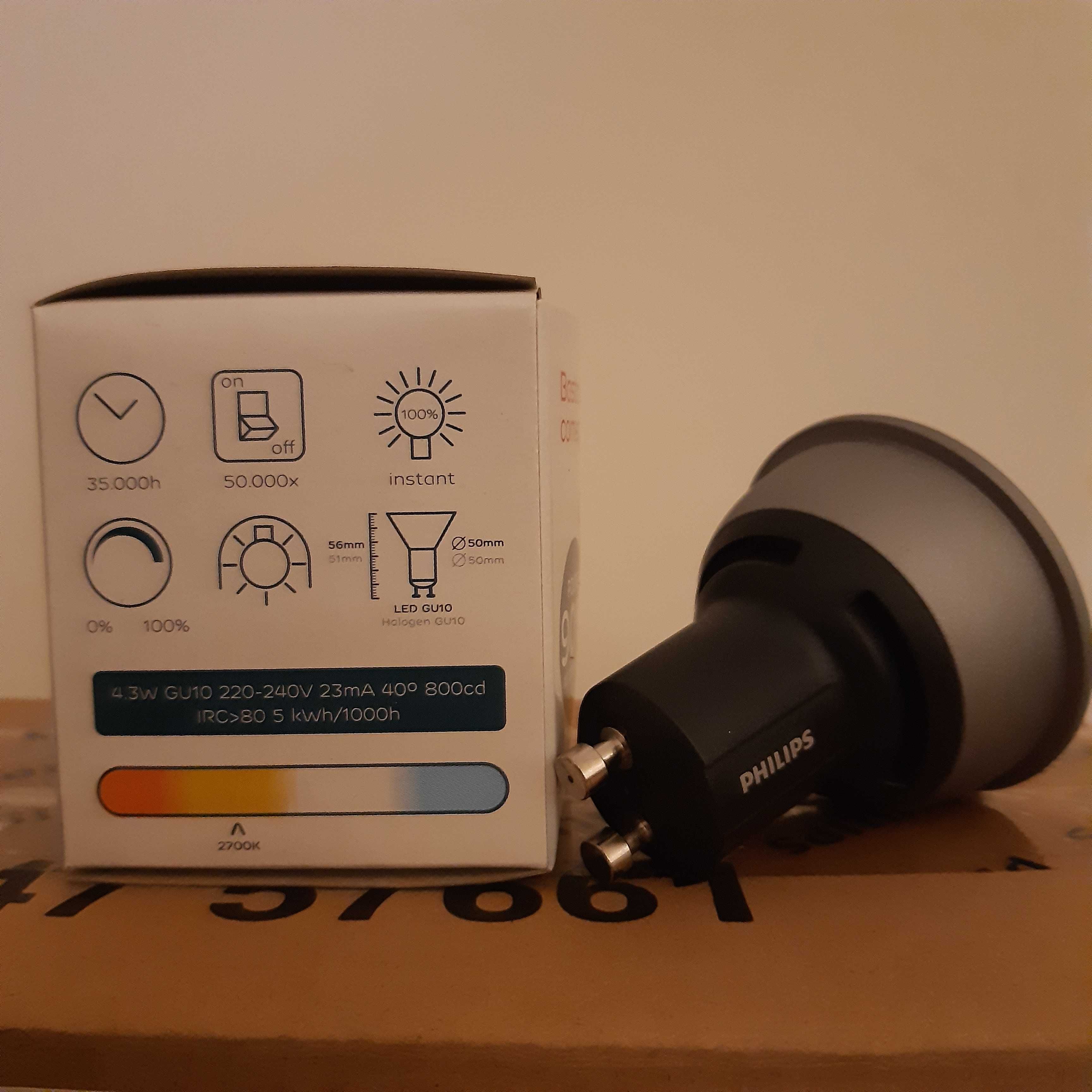 Cj de 10 Lâmpadas PHILIPS dimáveis GU10 LED branco suave 2700K (50W)