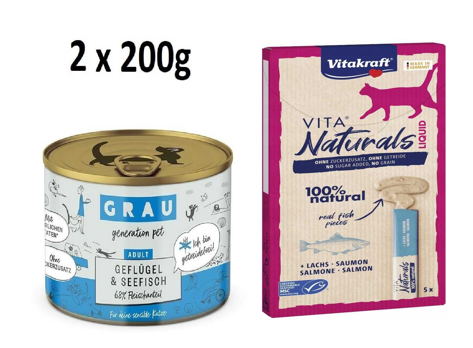 GRAU 2x200g Drób ryby karma dla kota + Vita Naturals pasta z łososiem