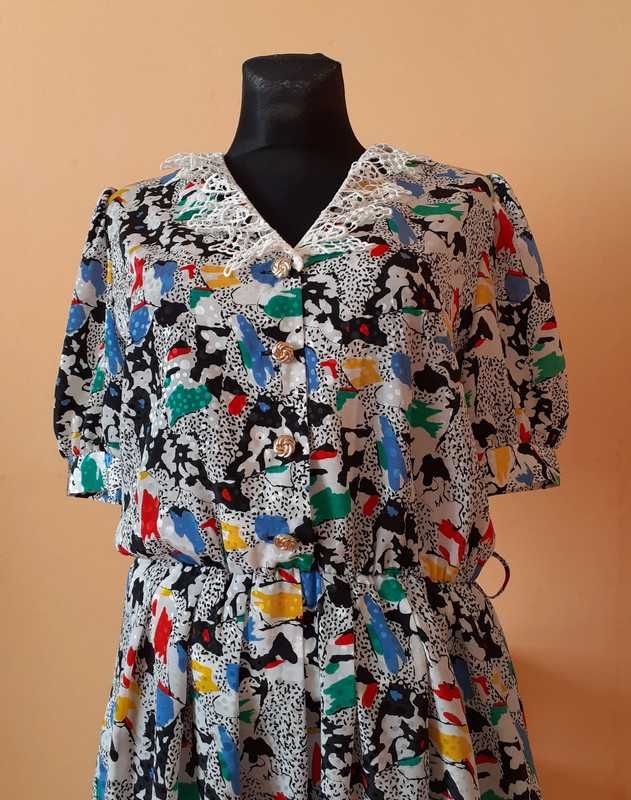 42 Sukienka real vintage '70s '80s midi bufki guziki kieszenie wzory