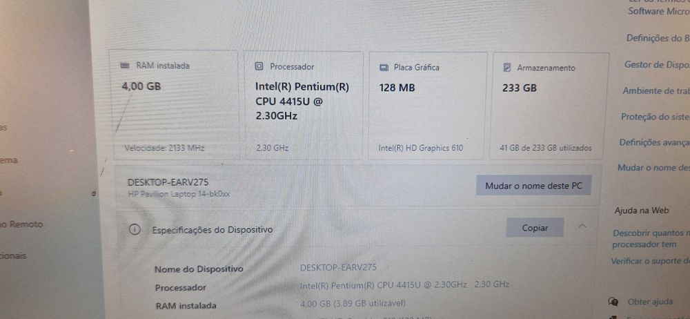 Portátil HP Pavilion SSd 256Gb 14" win 10 Pro