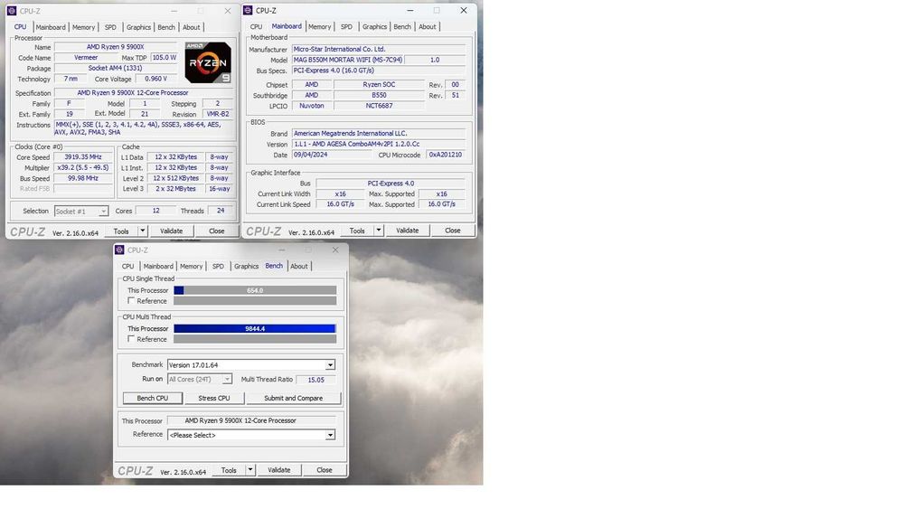 КомплектMSI B550M MORTAR WIFI Ryzen 9 5900x DDR4 32GB3200 cl14 B-die