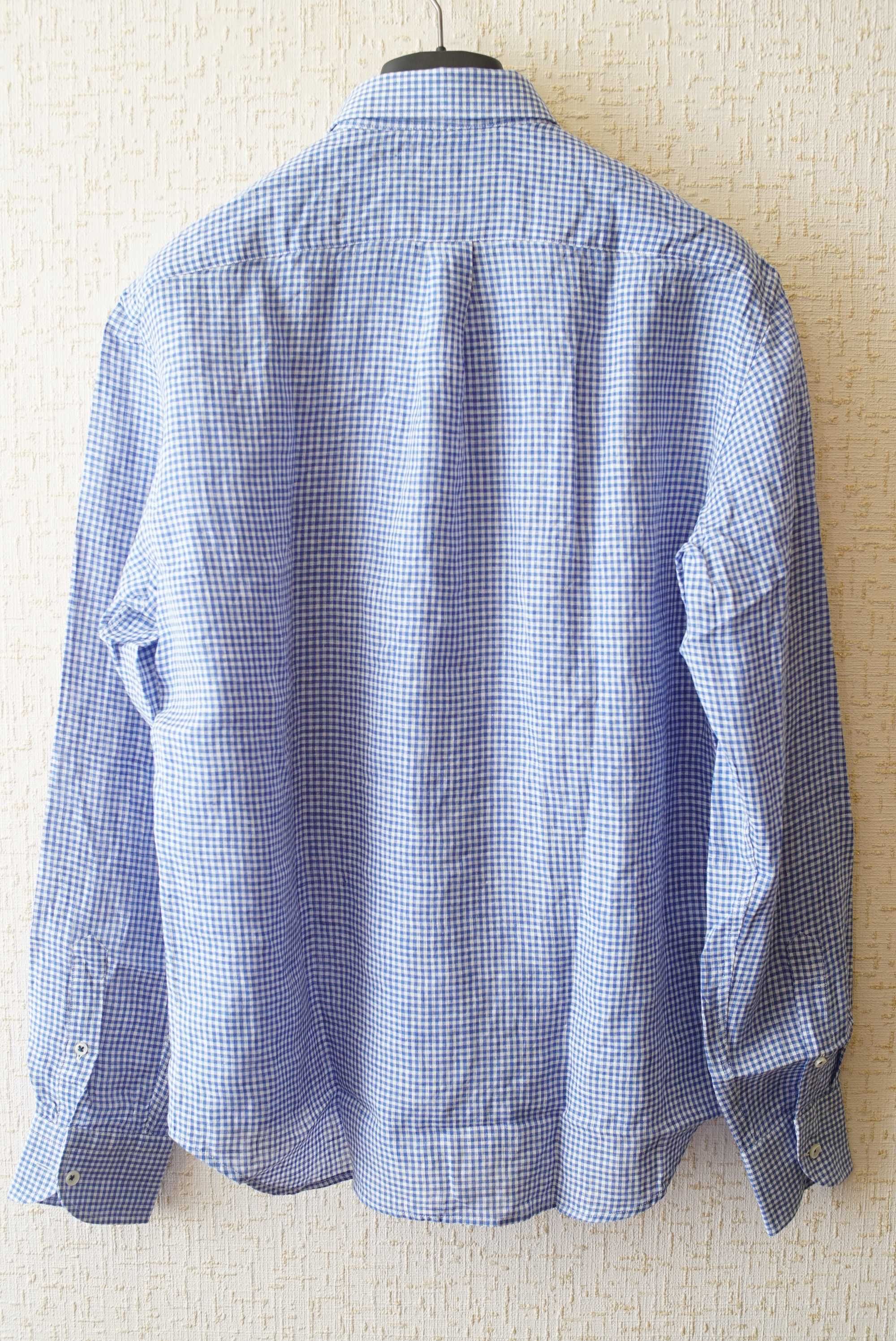 Мужская льняная рубашка HARMONT & BLAINE в мелкую бело-голубую клетку