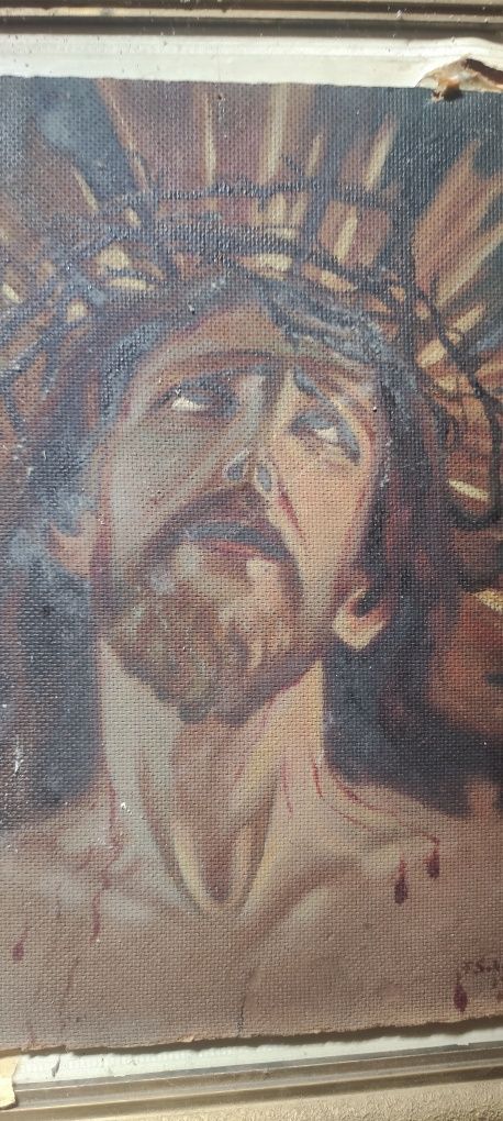 Obraz Jezus XIXw olej na desce