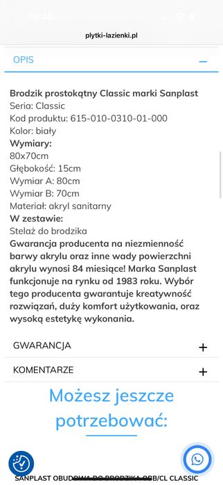 Nowy brodzik prostokątny 80x70x15cm + stelaż Sanplast