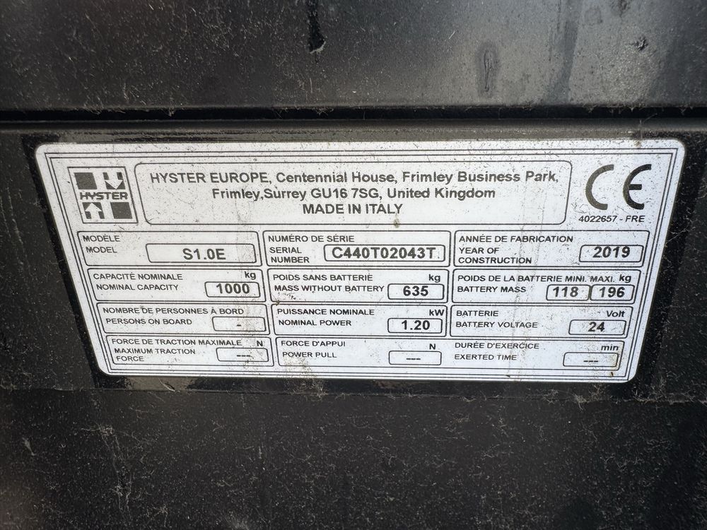 Paleciak elektryczny Hyster 2019 r 330 cm 1000 kg wózek jak Nowy