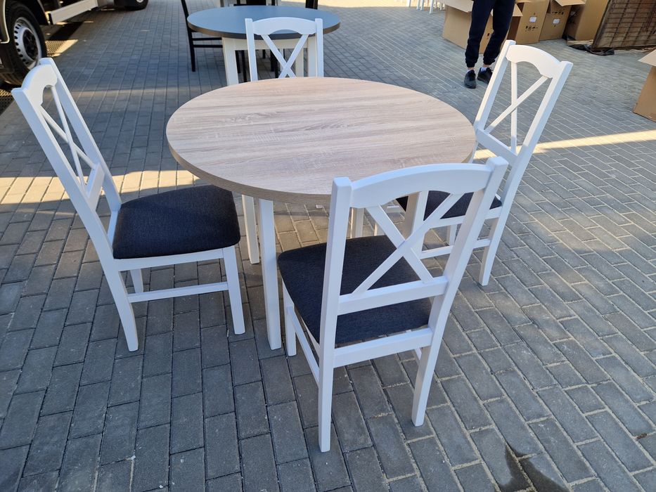 Nowe : Stół okrągły + 4 krzesła,  bialy/sonoma + grafit (krzyż)