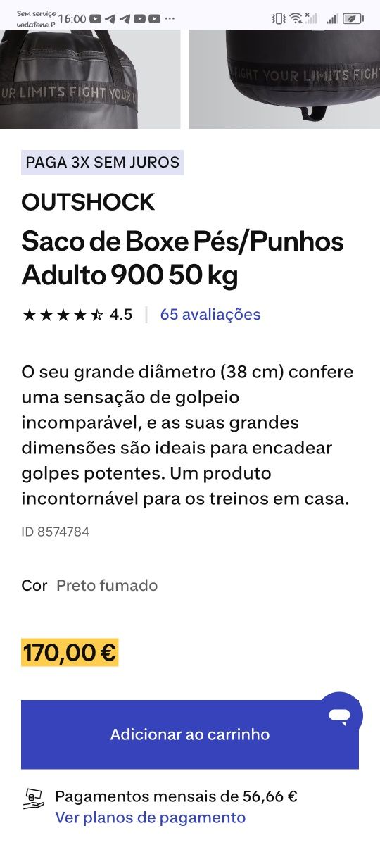 SacoKick boxing usado apenas 3 vezes
