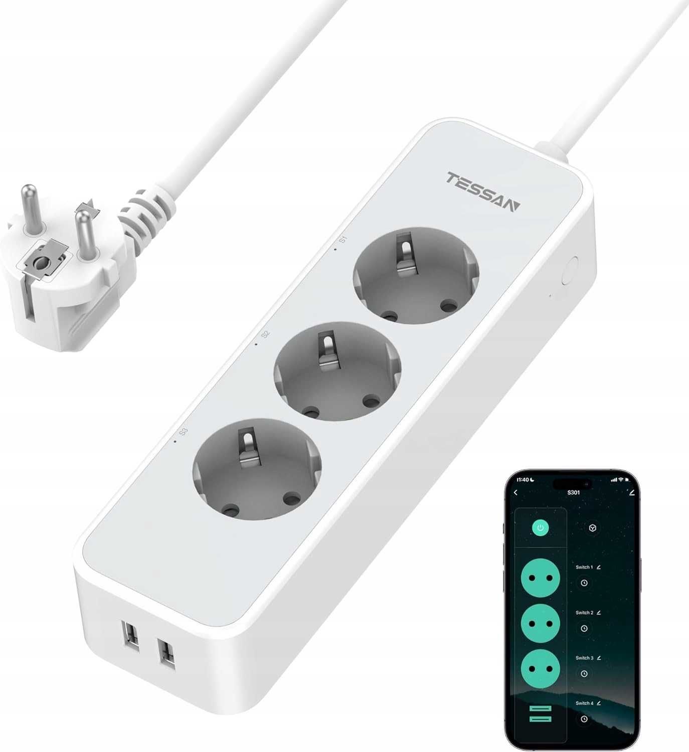 TESSAN TS-S301 Inteligentna Listwa Zasilająca, Gniazdo WiFi z USB