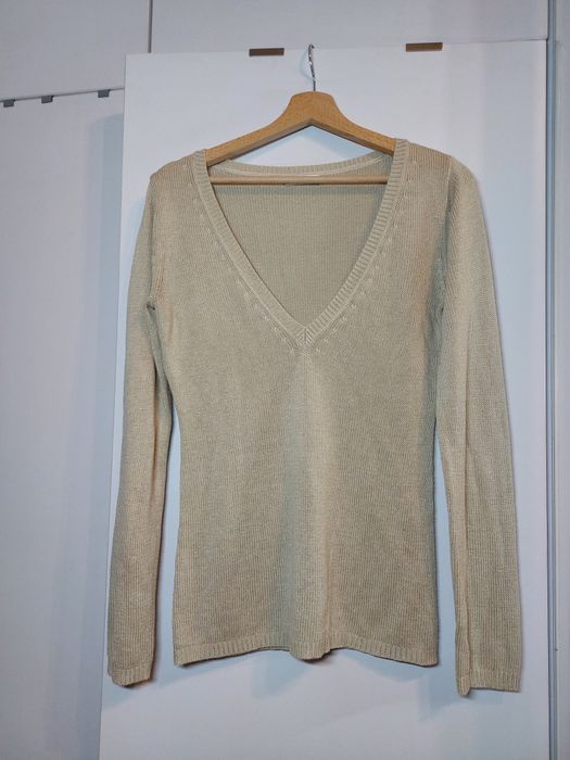 Beżowy sweterek Promod M/L kremowy sweter z dekoltem V bluza bluzka
