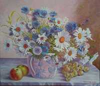 Картина маслом "Цветы,яблоки и виноград."