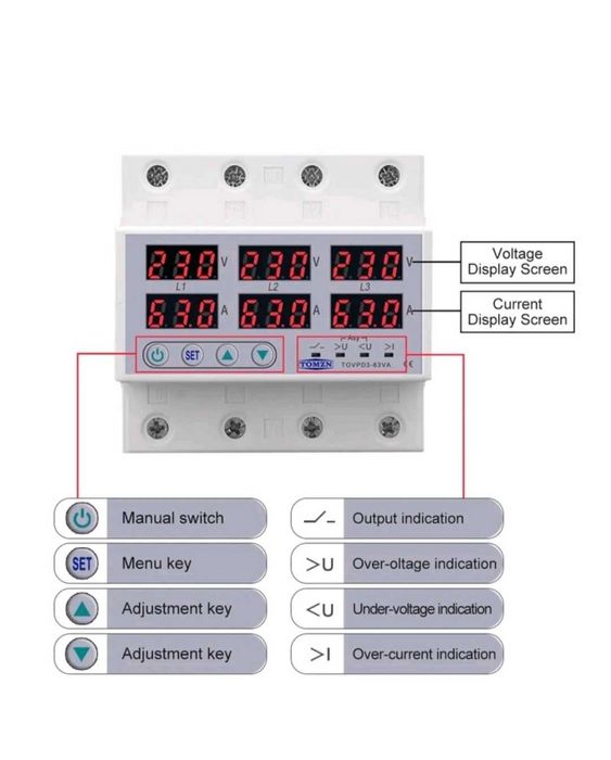 Защитное реле напряжения 63А, реле напряжения и тока TOMZ,Трехфазное