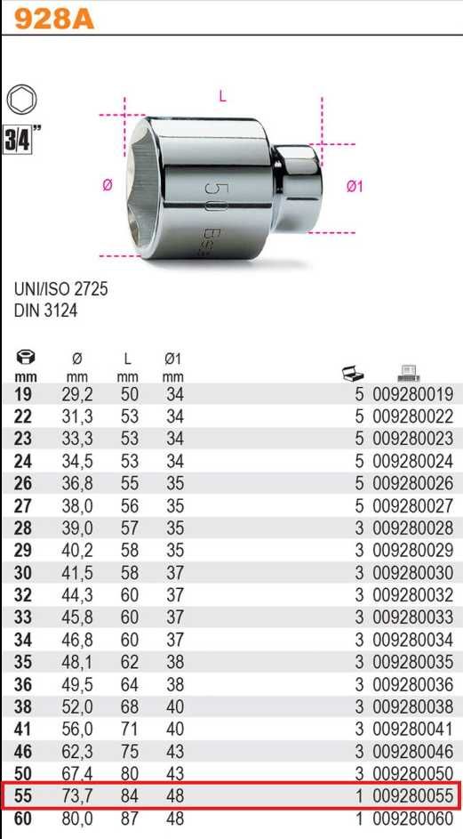 Nasadka 55mm 3/4" krótka 6-kątów ręczna klucz nasadowy 928A/55 BETA