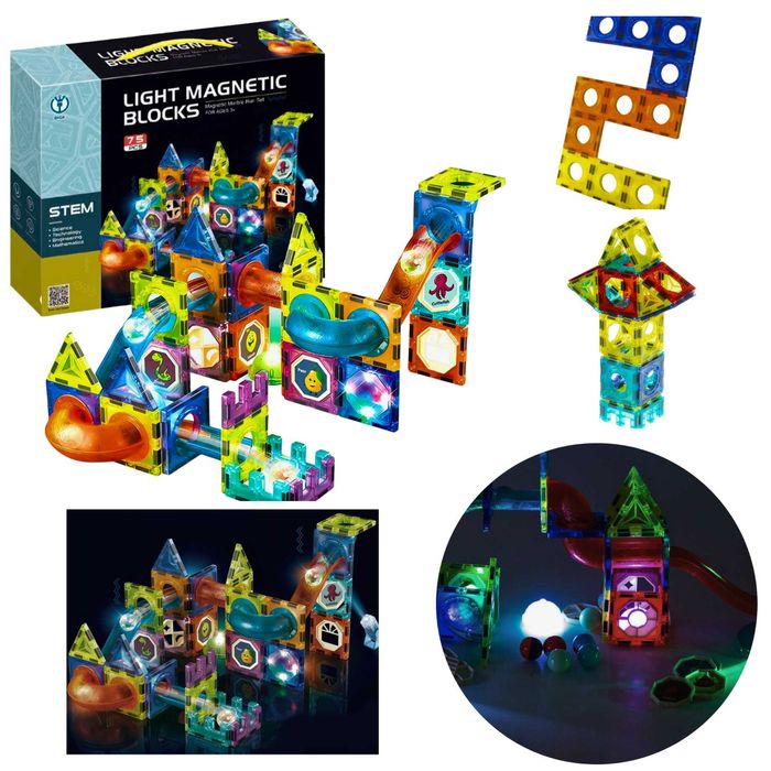 Klocki magnetyczne konstrukcyjne edukacyjne świecący tor 75 elementów