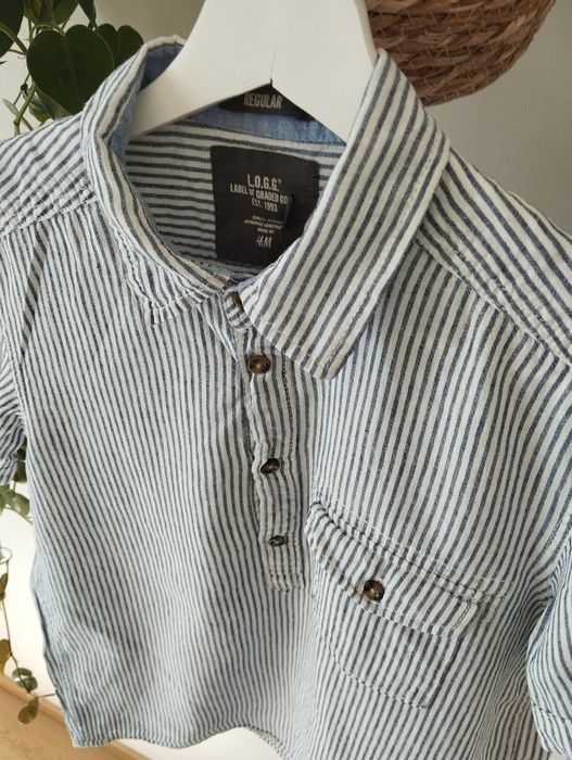 Wiosenna, letnia koszula w niebieskie prążki, krótki rękaw, kieszonka,