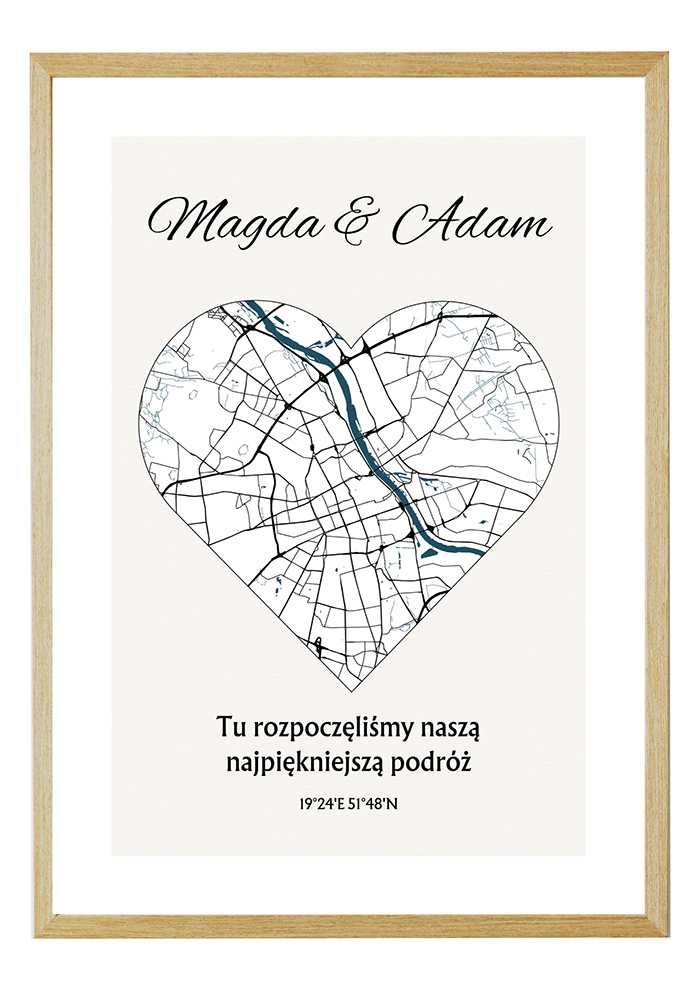 Plakat mapa - prezent walentynkowy w eleganckiej ramie - 30x40xm