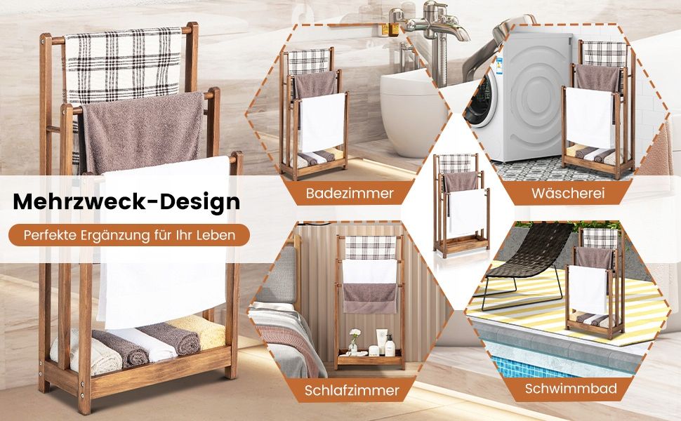 Drewniany wieszak na ręczniki COSTWAY 3-poziomowy z półką