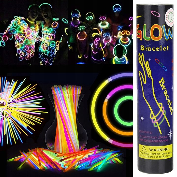 Świecące Bransoletki Fluorescencyjne Pałeczki Zestaw 100 Szt