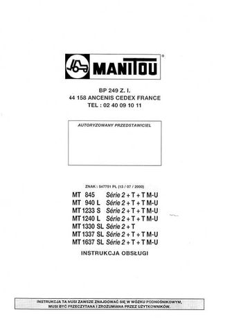 Manitou MT 845, 940L,1233S,1240L,1330SL,1337SL,1637SL instrukcja PL