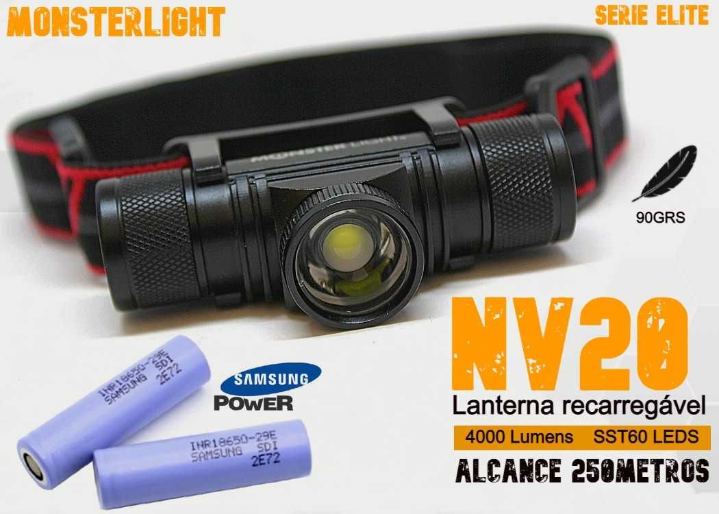 Lanterna cabeça MonsterLight c/2 baterias recarregáveis Samsung e zoom