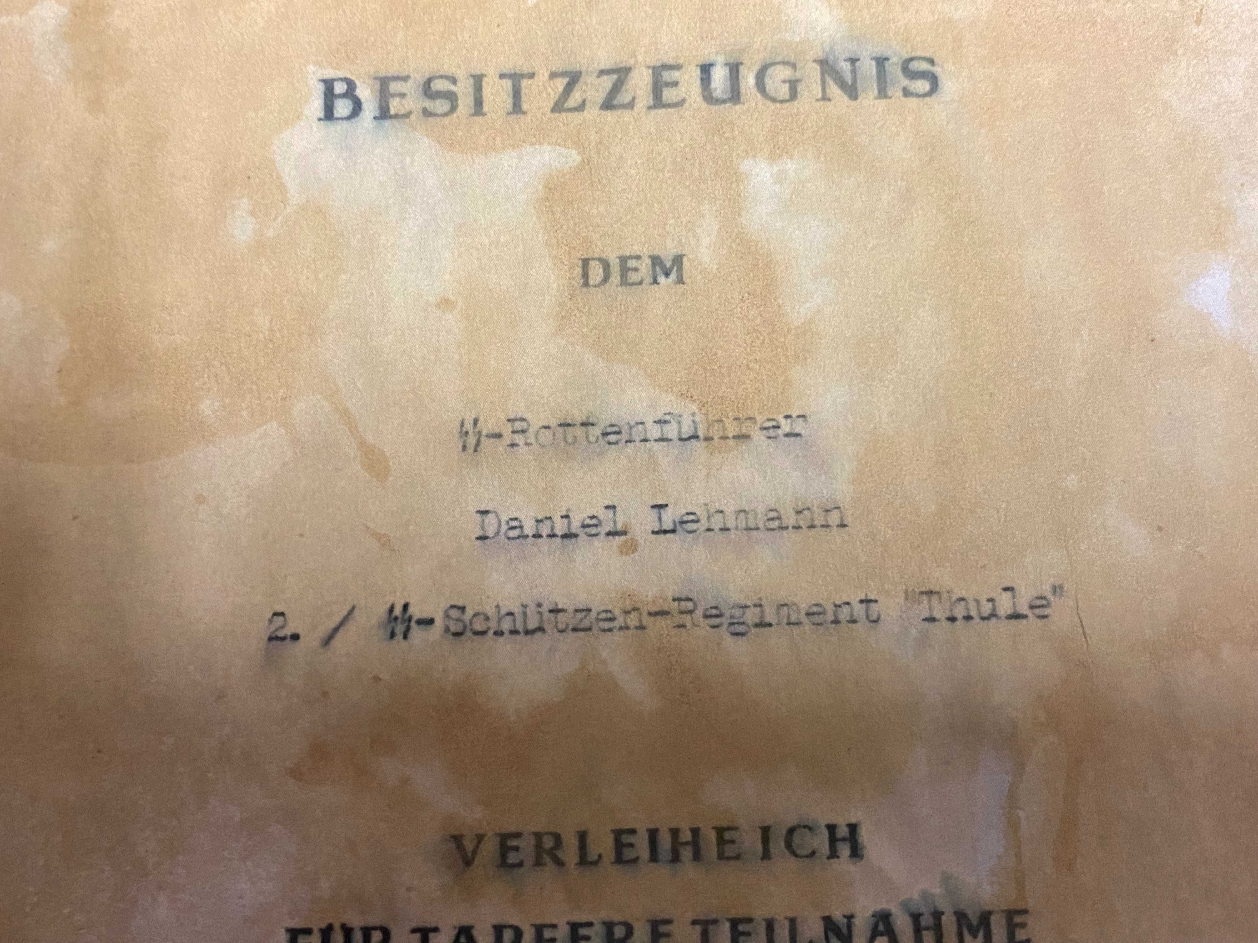 Niemcy 2 wojna SS dokument nadania odznaki  za walke z partyzantami !!