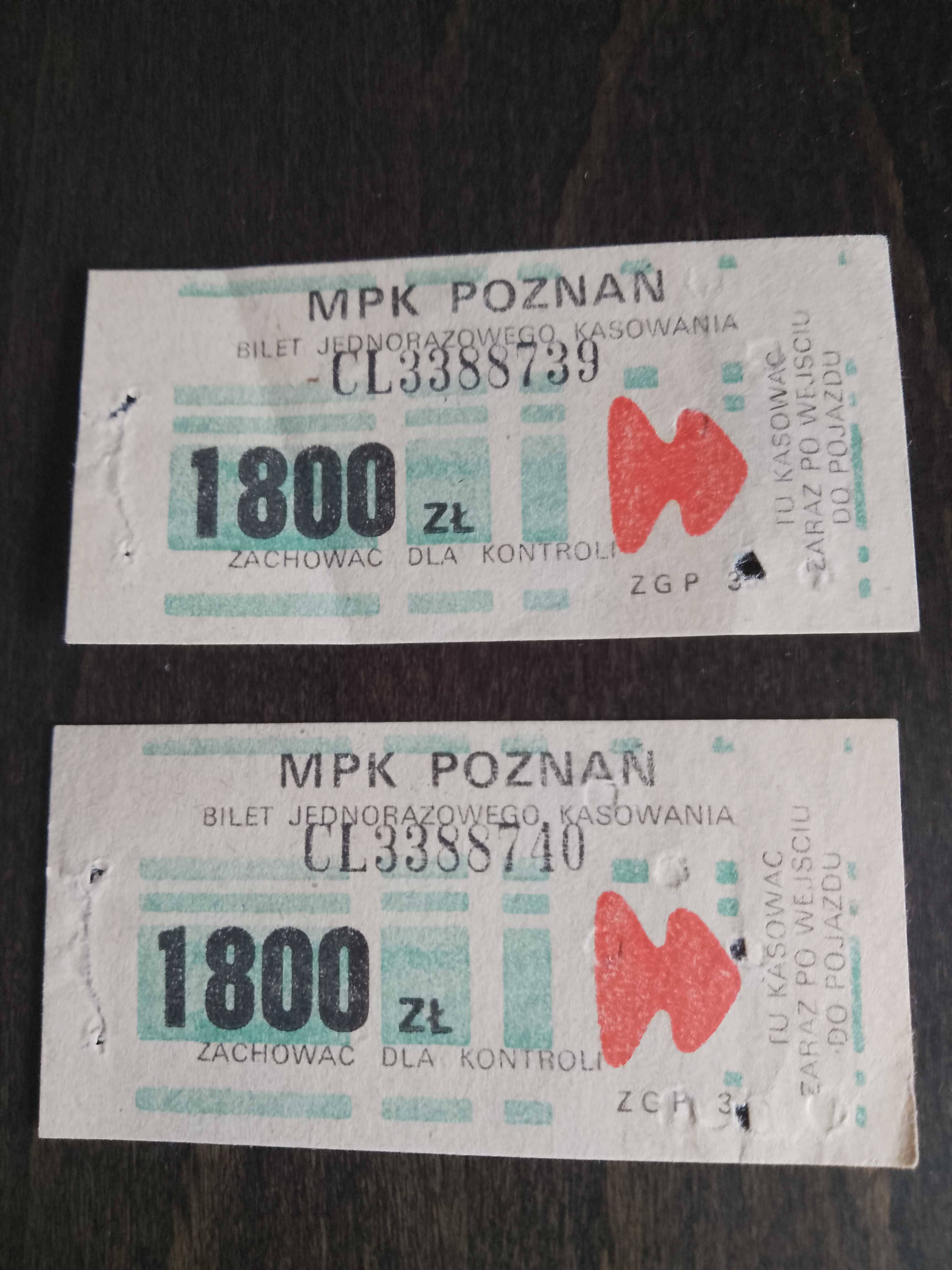 Dwa archiwalne bilety MPK Poznań sprzed denominacji (skasowane)