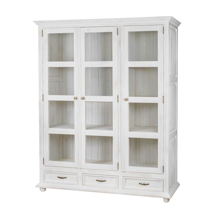 Biała witryna trzydrzwiowa na książki z szufladami do salonu