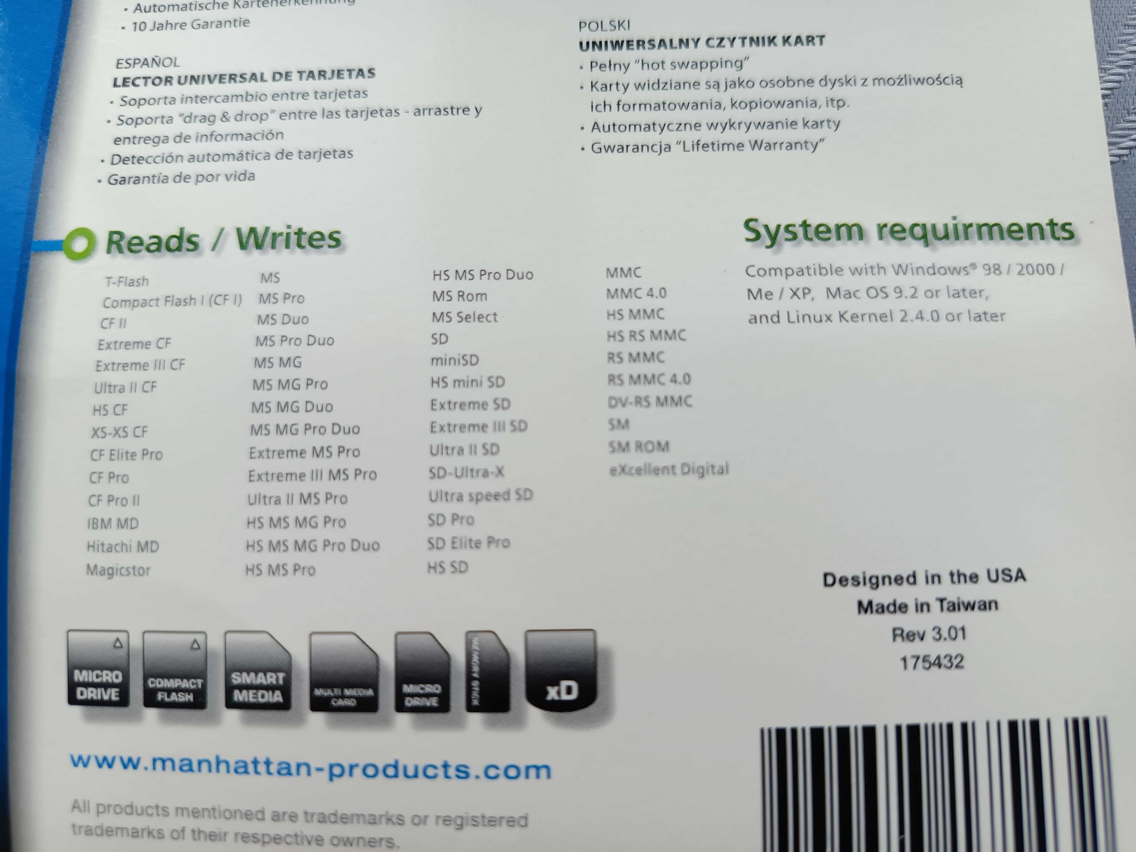 Czytnik kart pamięci Manhattan + adaptery i karty pamięci