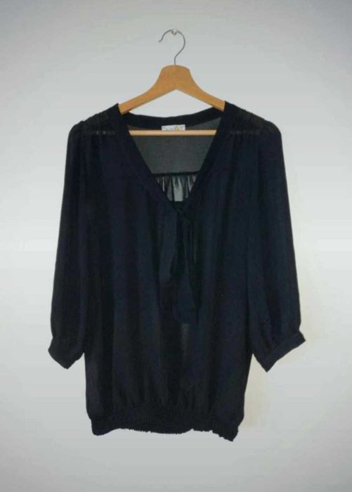 Czarna bluzka mgiełka dłuższy rękaw wiązana vintage gothic 40 L
