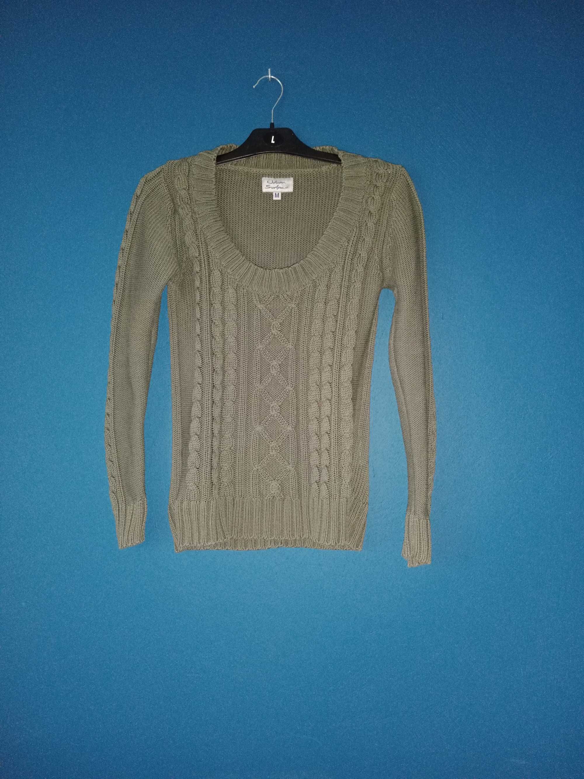 Sweter oliwkowy lato letni wakacje bawełniany khaki warkocze zielony M