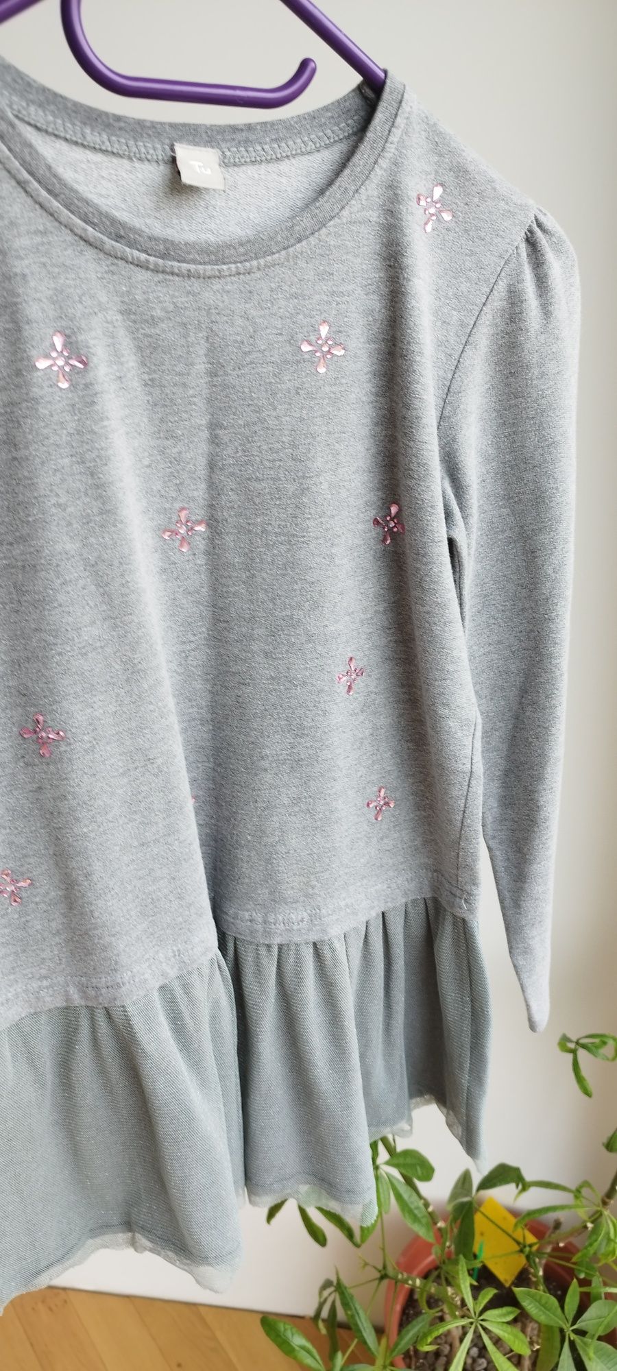 Bluza tunika tiul kryształki kwiaty różowa srebrna 140