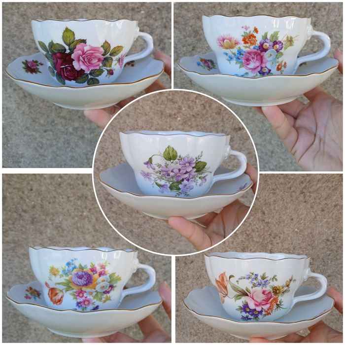 Чашка з блюдцем чайная пара Мейсенский букет Розы Фиалки Чехия