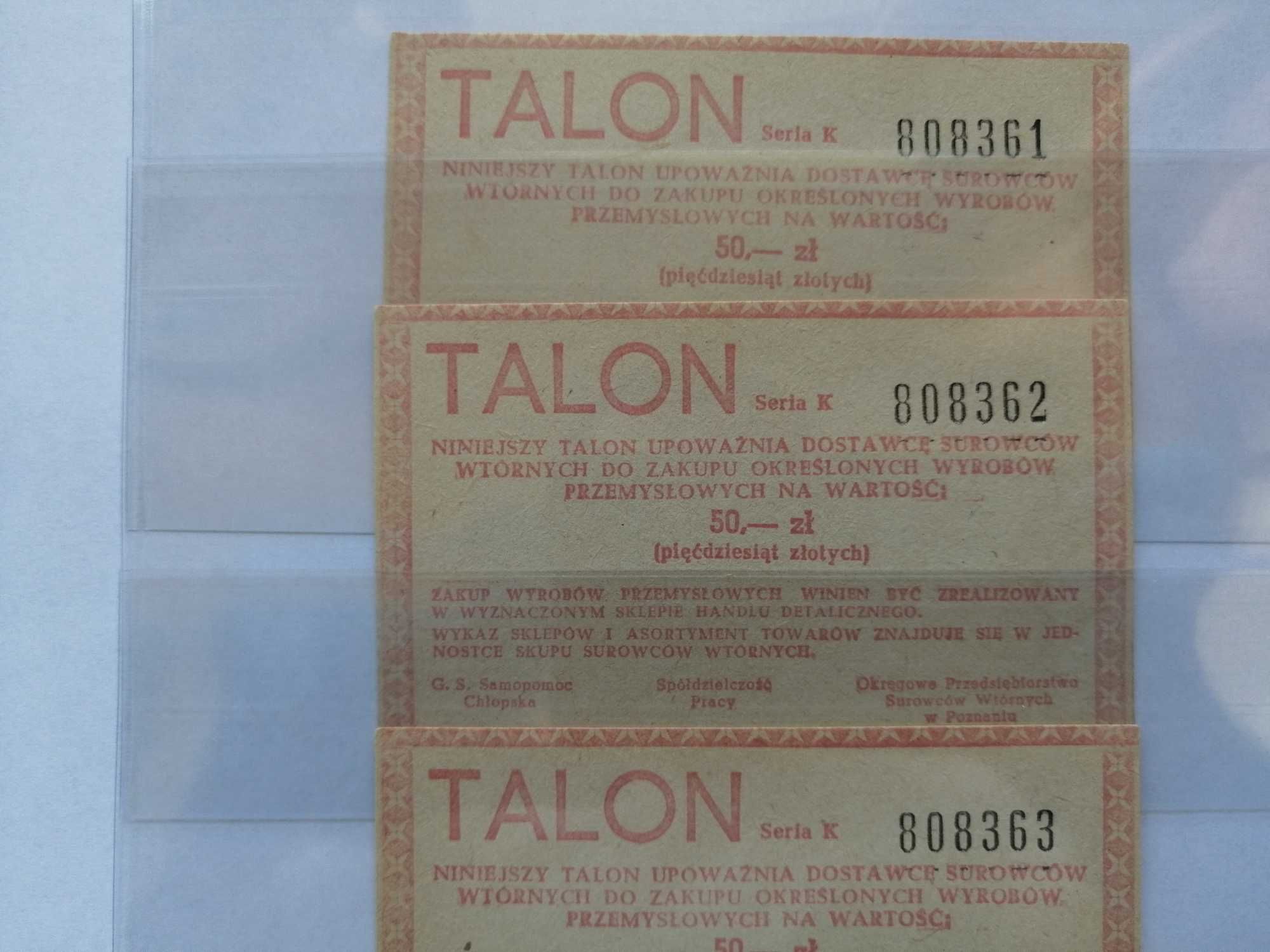 Talon za makulaturę PRL 50 zł , seria 3 szt. 1982 rok.