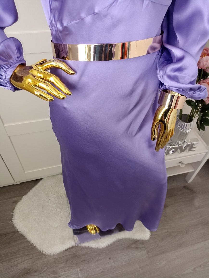 Asos Nowa klasyczna sukienka maxi fioletowa z guziczkami długi rękaw M