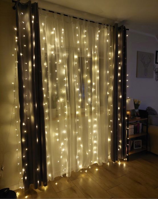 Kurtyna swietlana 300 led na okno lampki choinkowe girlanda biale ciep