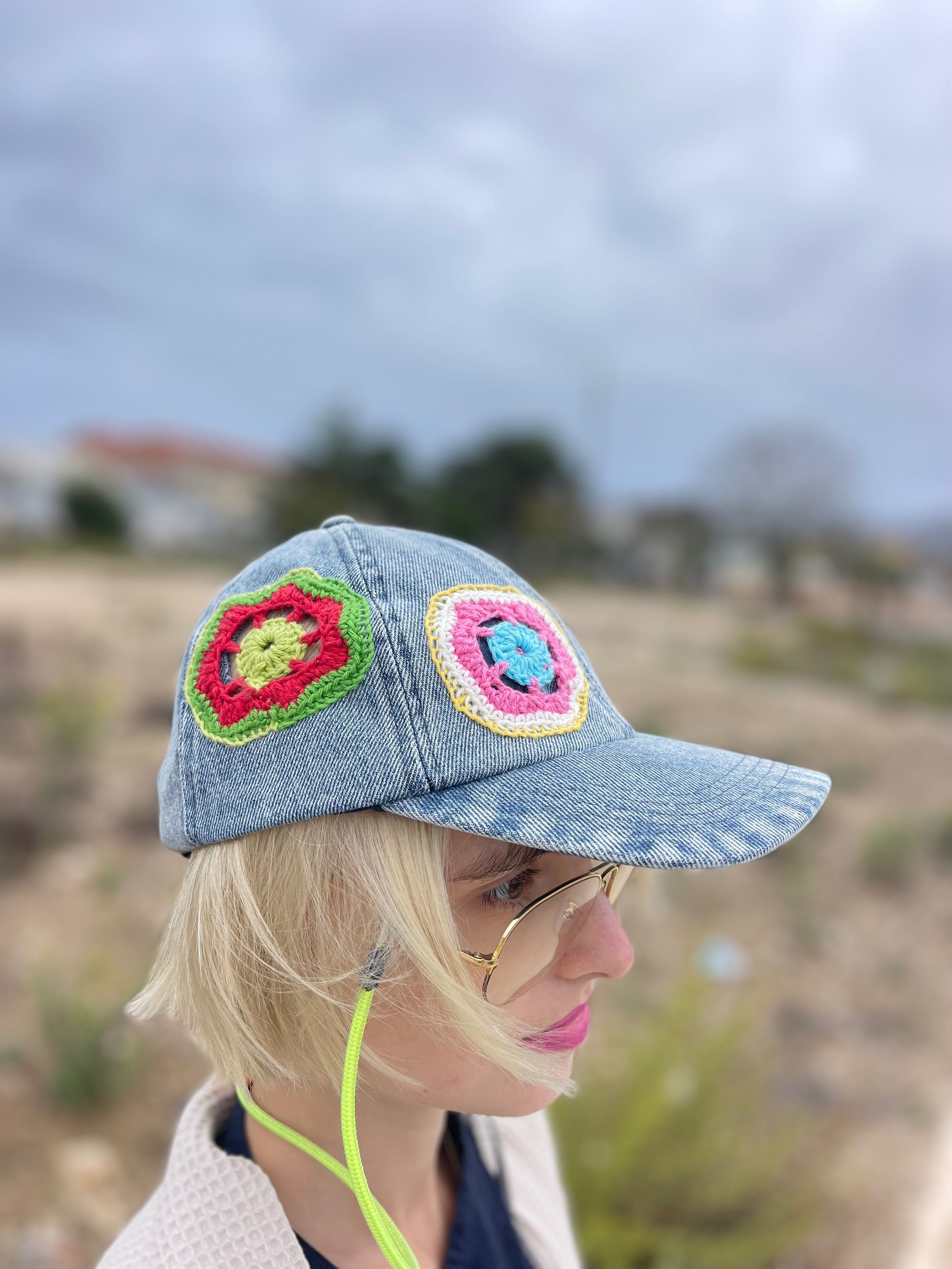 Customized denim cap with knitted flower patches don.bacon
