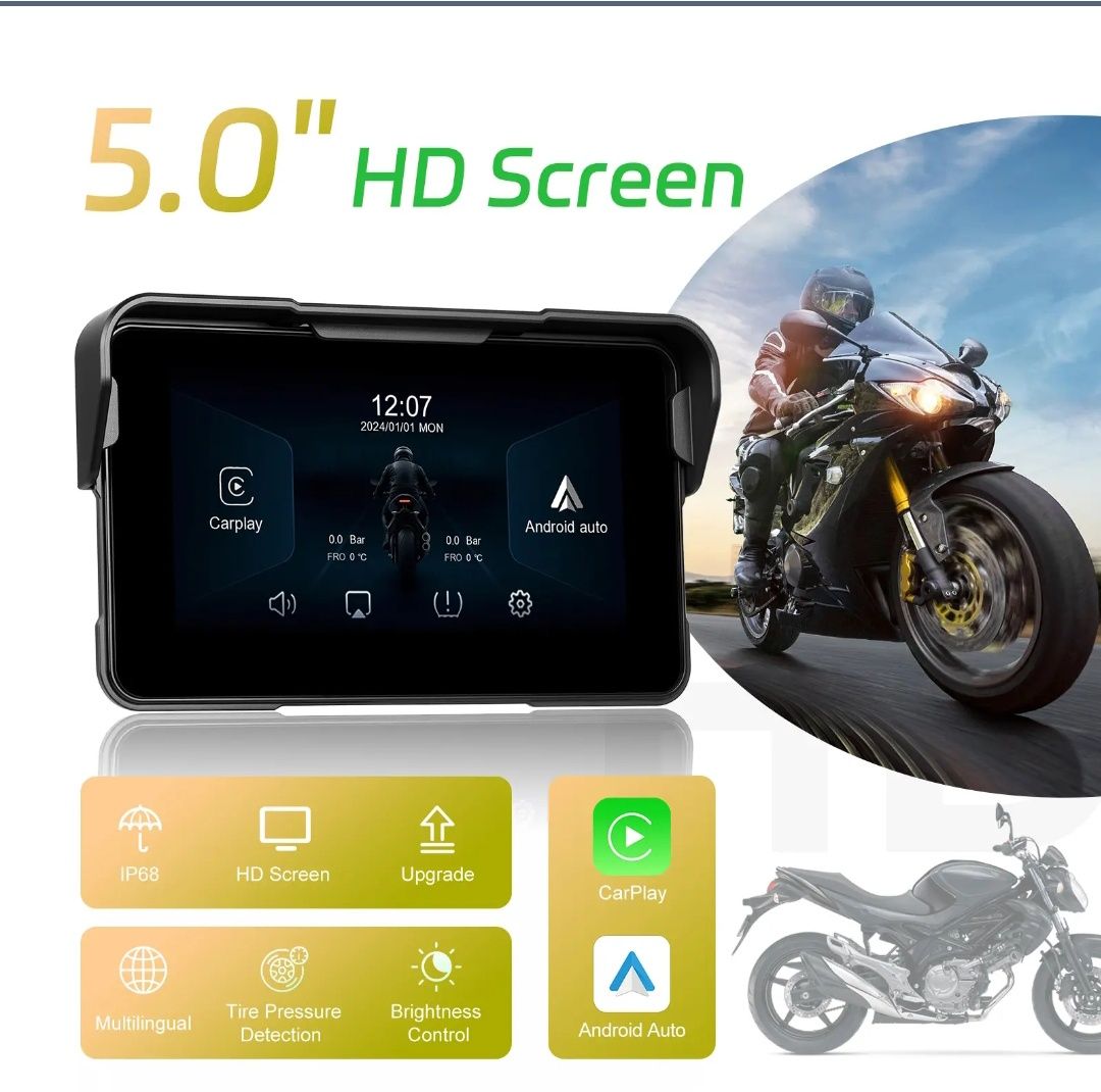 Monitor Moto 5" HD Wireless CarPlay/Android Auto | IP68 | TPMS | NOVO