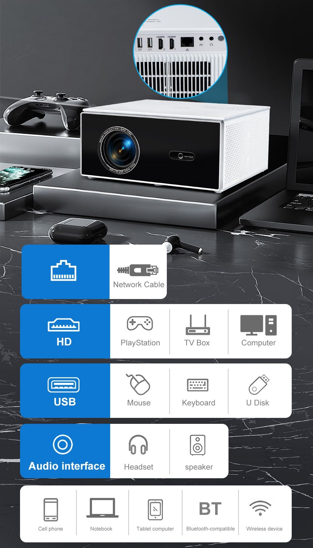 Проектор Thundeal TDA7W Full HD 4K+ подарунок  екран.