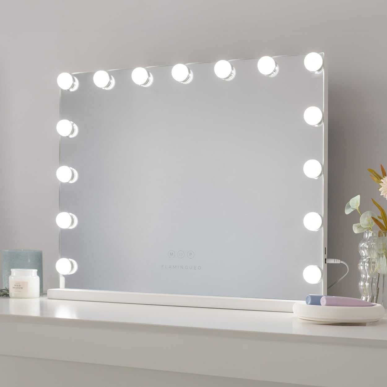 Lustro z oświetleniem LED 15 żarówek 3 tryby + lusterko kosm