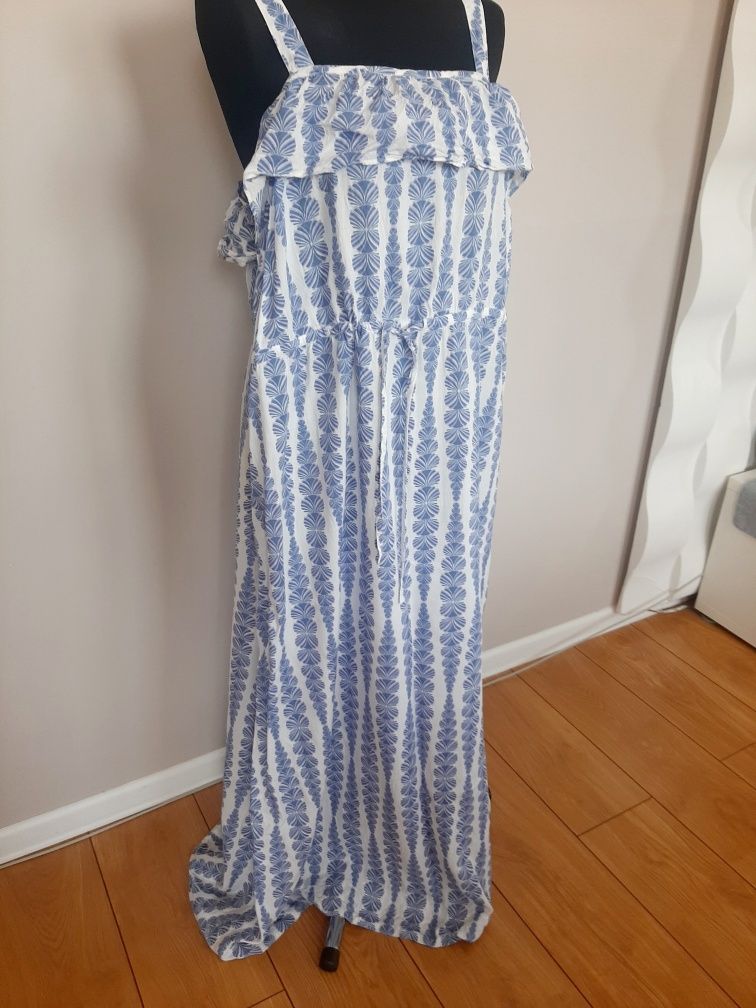 Długa maxi niebiesko biała sukienka ze ściągaczem 100% wiskoza 44-46